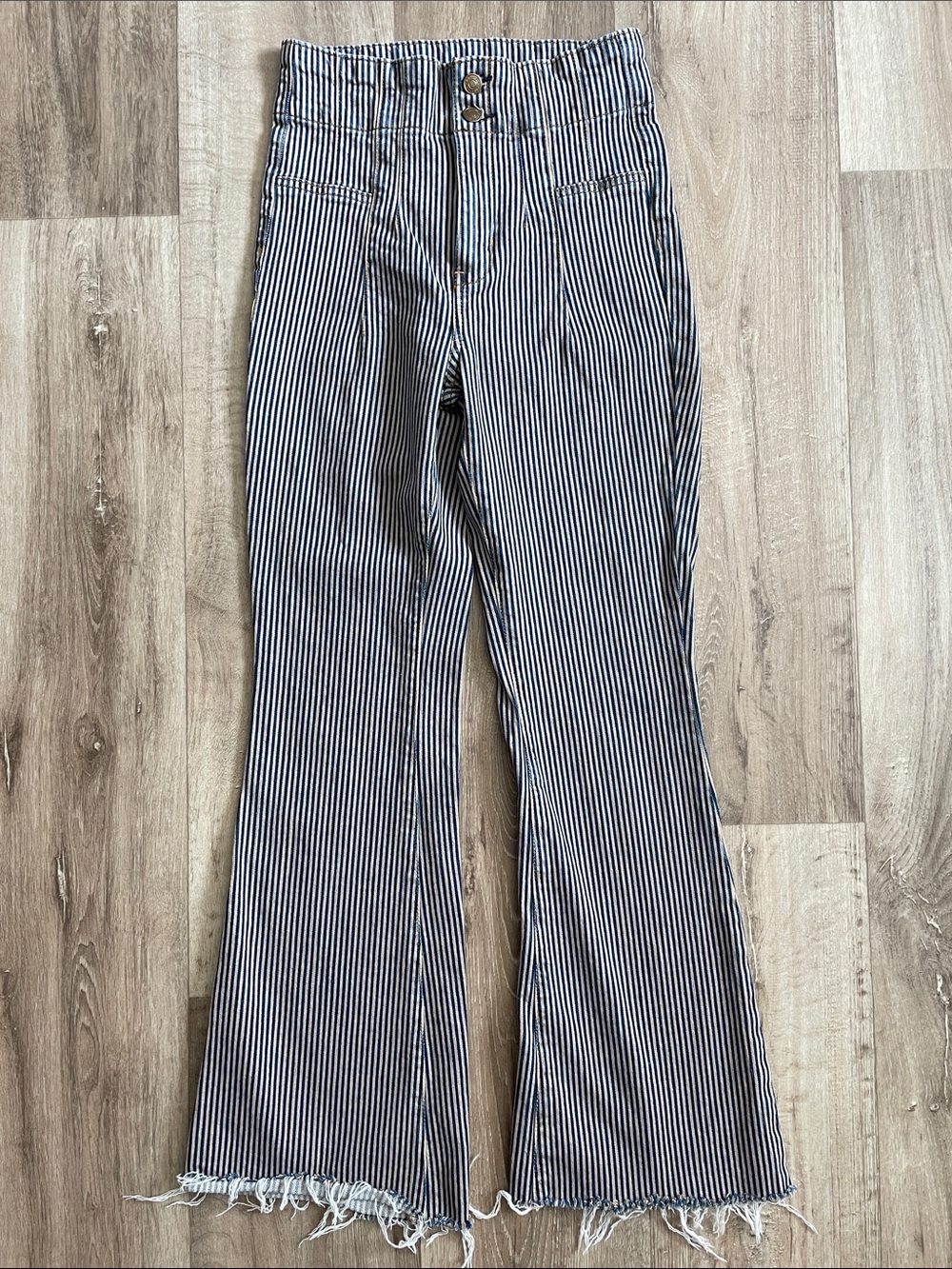 We The Free Jayde Railroad Stripe Hi-Rise Flare Jeans - Navy & Cream